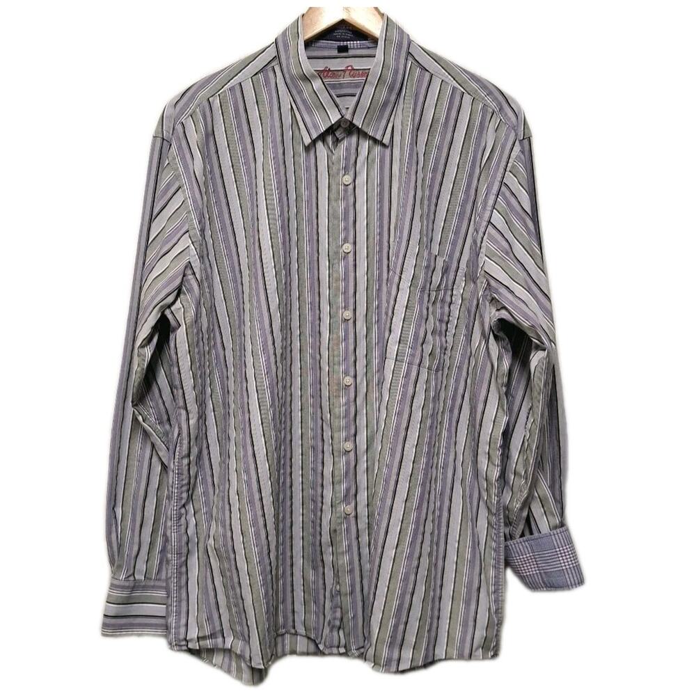Alan Flusser Shirt Mens XL Purple Gray Striped Long Sleeve Button Down Flip Cuff
